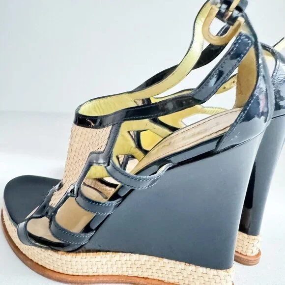 Pollini Raffia Patent Leather Navy Blue Wedge Summer Heels 40 - Picture 6 of 8